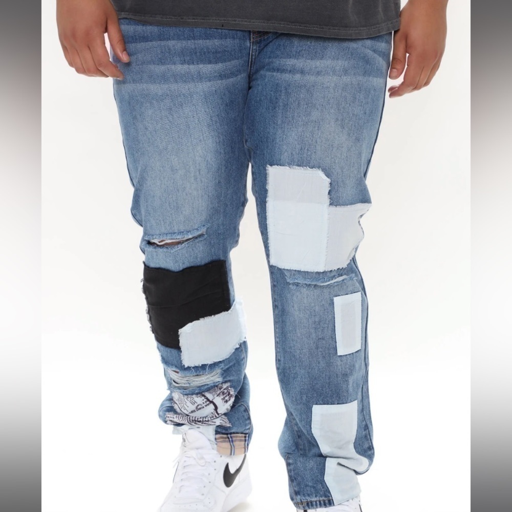 Fashion, nova men patch things up straight jeans, medium wash, size 42